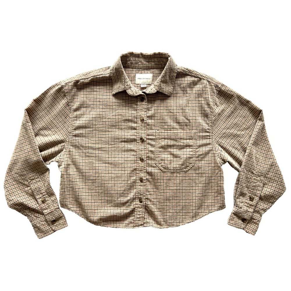 American Eagle Uber Cropped Plaid Button Down in Tan, size XS